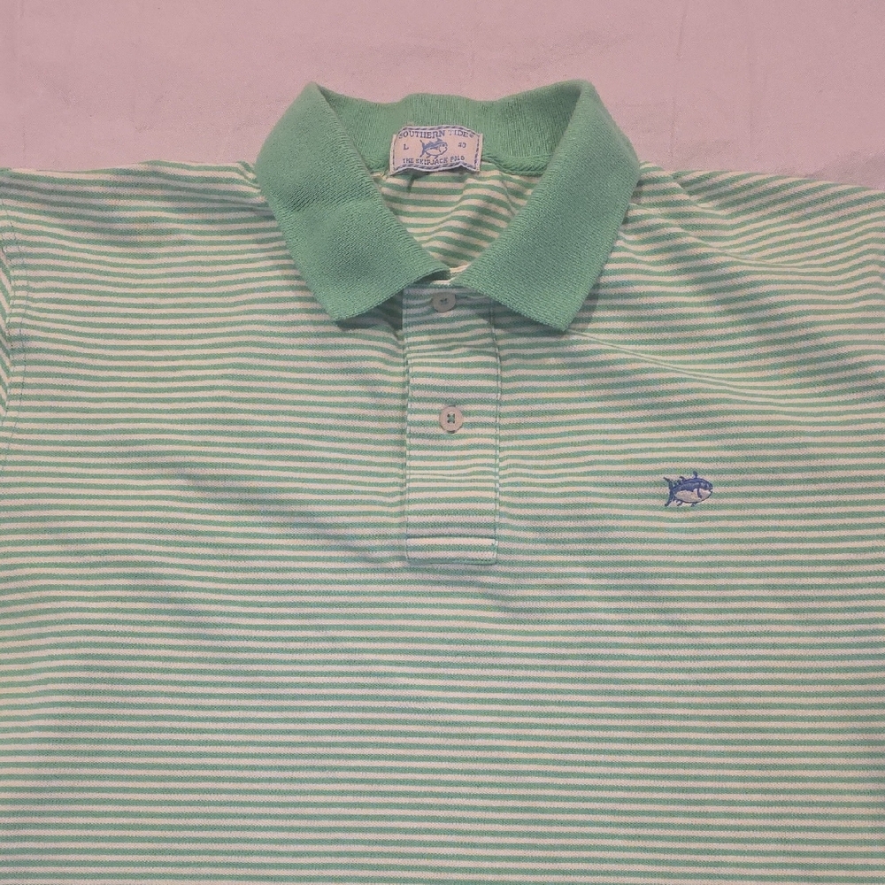 Southern Tide Men's Skipjack Polo Green‎ White Stripe Short Sleeve L